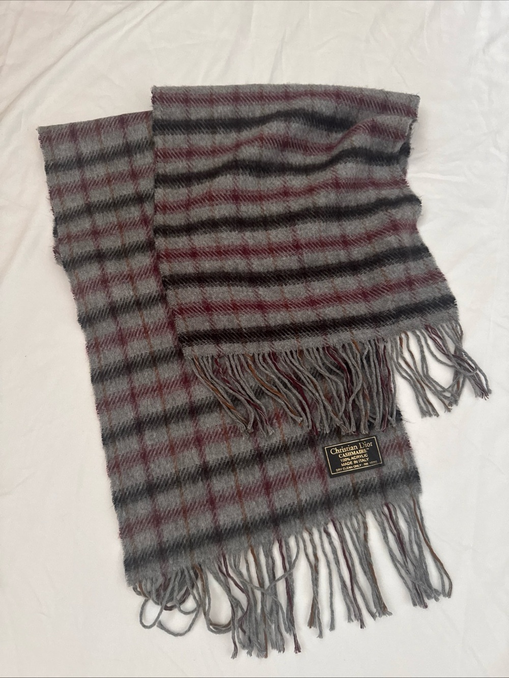Christian Dior   Grey & Maroon  Wool Scarf